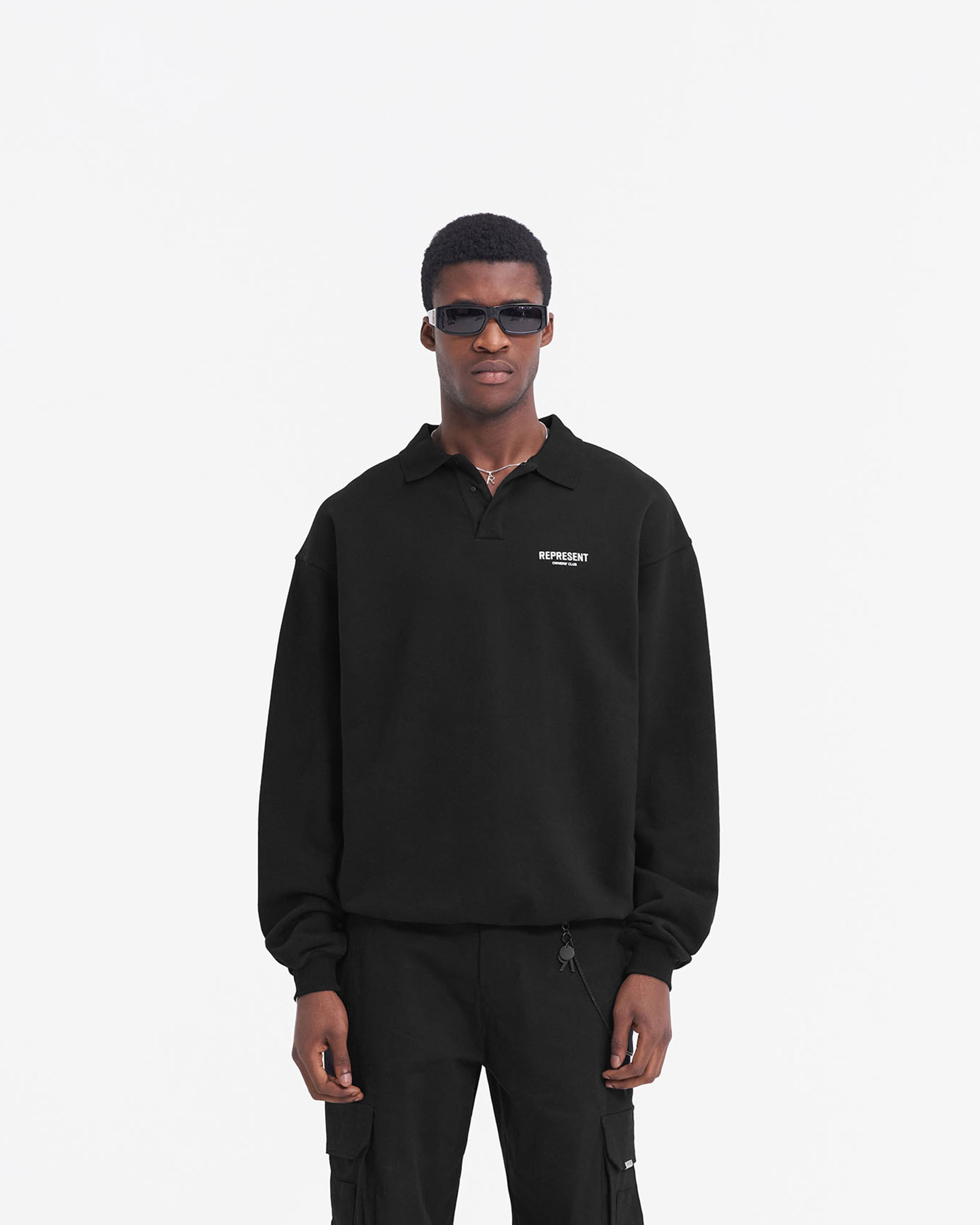 Represent Owners Club Long Sleeve Polo Sweater - Black